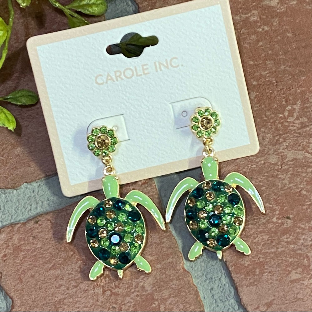 Carol Inc. Turtle Rhinestone 2” Dangle Earrings